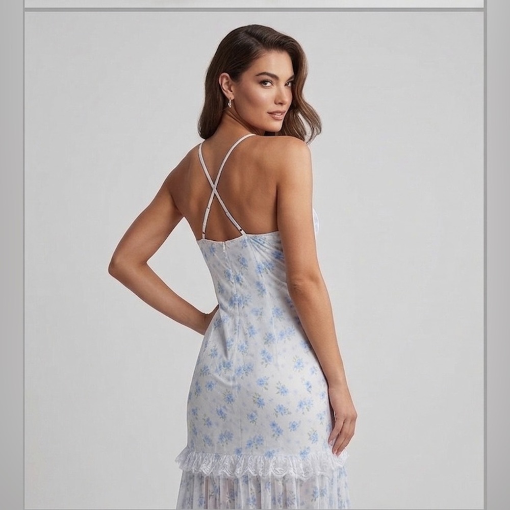 LAST ONE 🔥 Floral Chiffon Ruffle High-Low Maxi Dress Blue - Picture 8 of 11